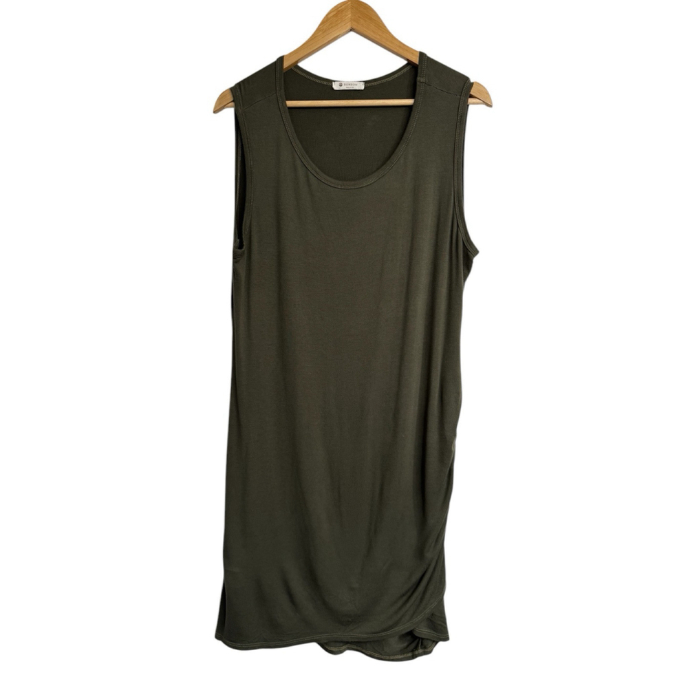 Bombom Bodycon Tank Dress Women Sz XL Side Ruching Sleeveless Olive Green